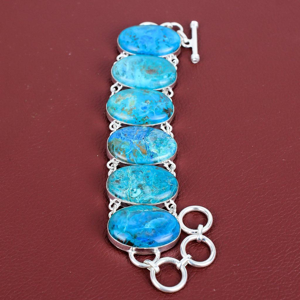Chrysocolla Natural Gemstone Bracelet 925 Sterling Silver Bracelet Adjustable Chain Bracelet Antique Jewelry Handmade Bracelet Gifts for Him