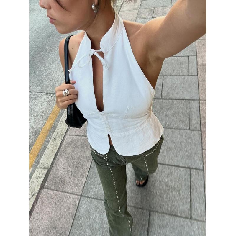 Summer New Vintage Style Halter Neck Off-Shoulder Slim-Fit Tank Top For Women Stylish Casual Girls Sleeveless Shirt
