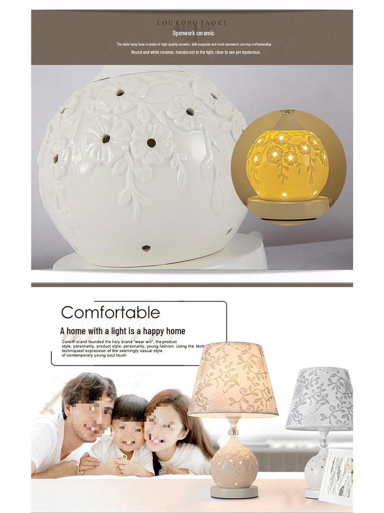 European Style Ceramic Bedside Lamp: Fashionable, Dimmable Night Light with Fabric Shade for Bedroom or Study.