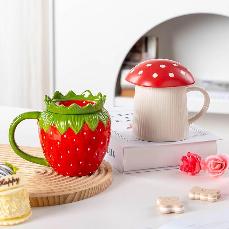 European Ceramic Strawberry Mushroom Coffee Cup with Lid Creative Cartoon Ceramic Mug Exquisite Afternoon Tea Latte Coffee Mug