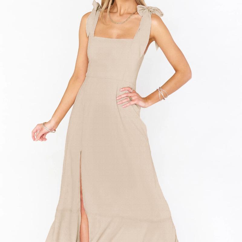 Summer Women's Pullover Hanger Strap Off Shoulder One Line Neck Lace Up Bow Tie Solid Color Split Fashion Casual Sexy Dresses