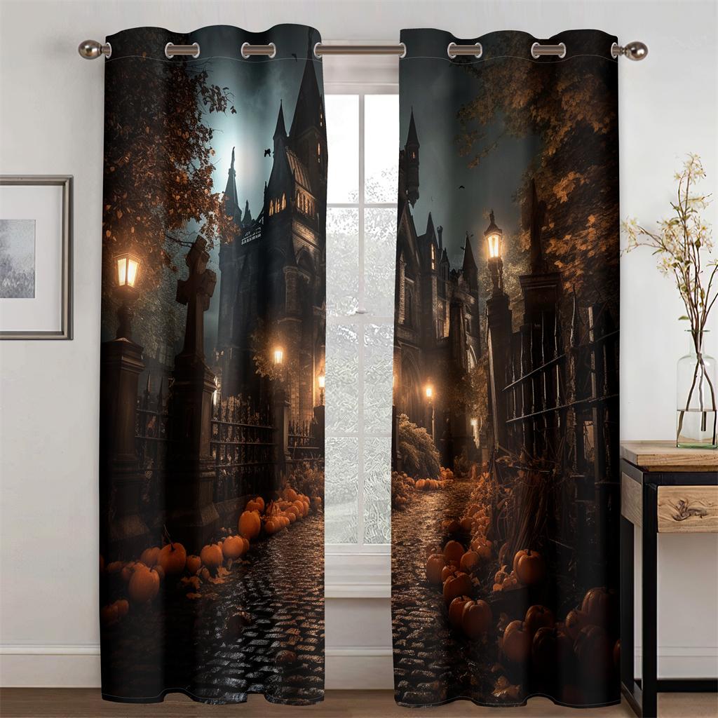 Halloween Horror Castle Curtains Gothic Architectural Style Curtains Ghost Pumpkin Living Room Bedroom Decor Curtains  2 Pcs