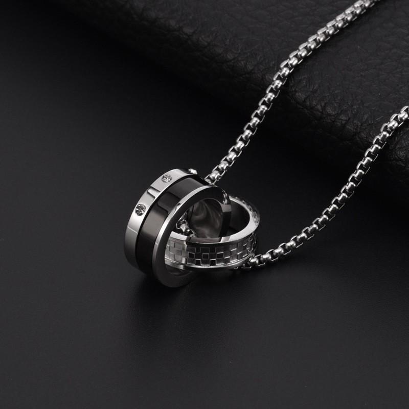 Stainless Steel Double Ring Pendant Necklace Men Hip Hop Style Long Chain With Crystal Charm Geometric Design