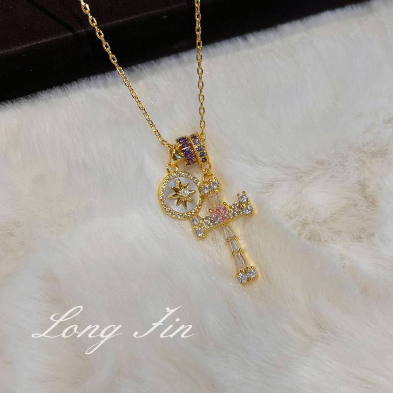 Super Flash Key Cross Bear Necklace Sweet Cool Style Retro Light Luxury Love Collarbone Chain