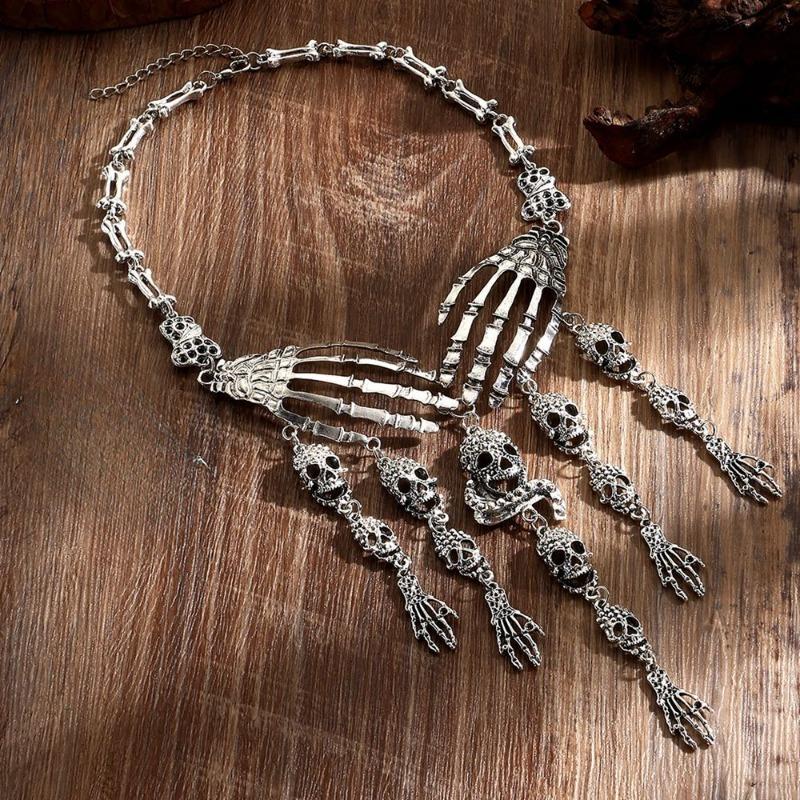 Ensemble de Bijoux d'Halloween Collier Punk Gothique Alliage Main Squelette Chaîne à Franges Vintage Accessoires Boho pour Femmes Hommes Fête Cosplay
