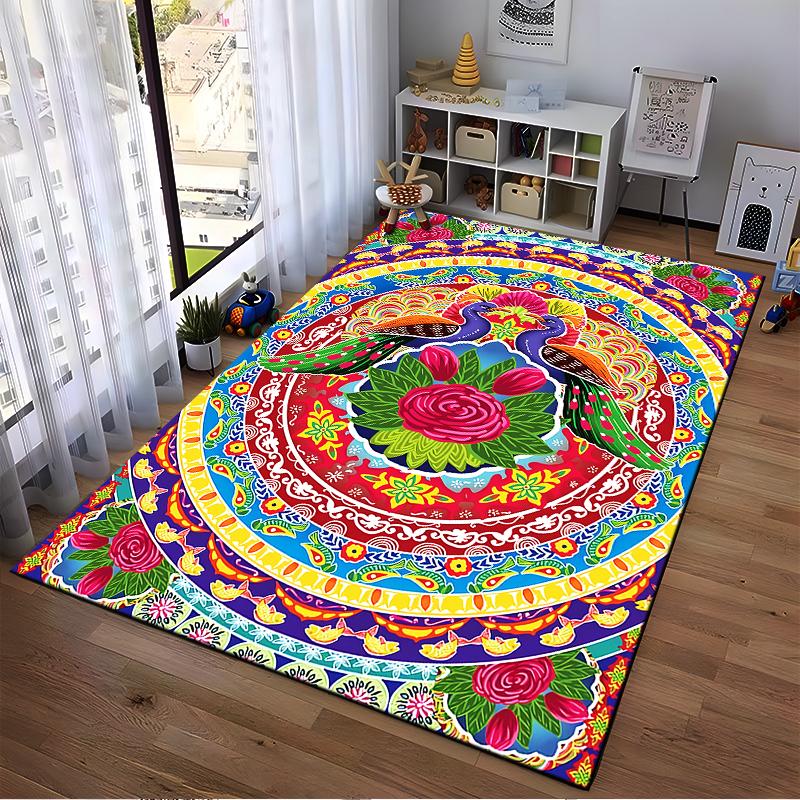 Colorful Peacock Mandala Carpet with Floral Patterns and Vibrant Design Suitable for Use As an Anti-slip for Living Room Bedroom Sofas