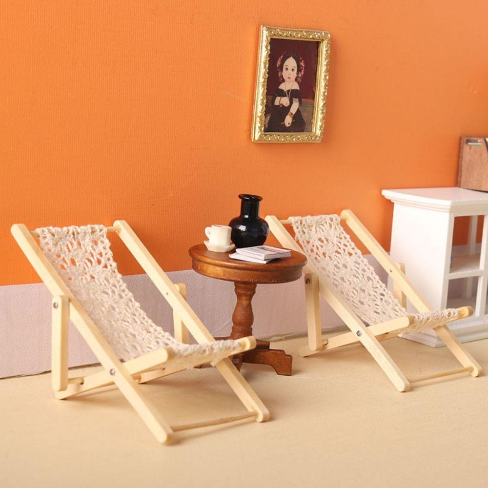 Mini 1/12 Dollhouse Chair Wood Dollhouse Deck Chair Model  Doll House Furniture Accessories