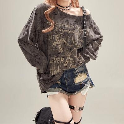 Y2k Gothic Grunge Dark Hollow Out T Shirt Women Harajuku Hollow Out Off Shoulder Sexy Tees Autumn Punk Letter Print Tops