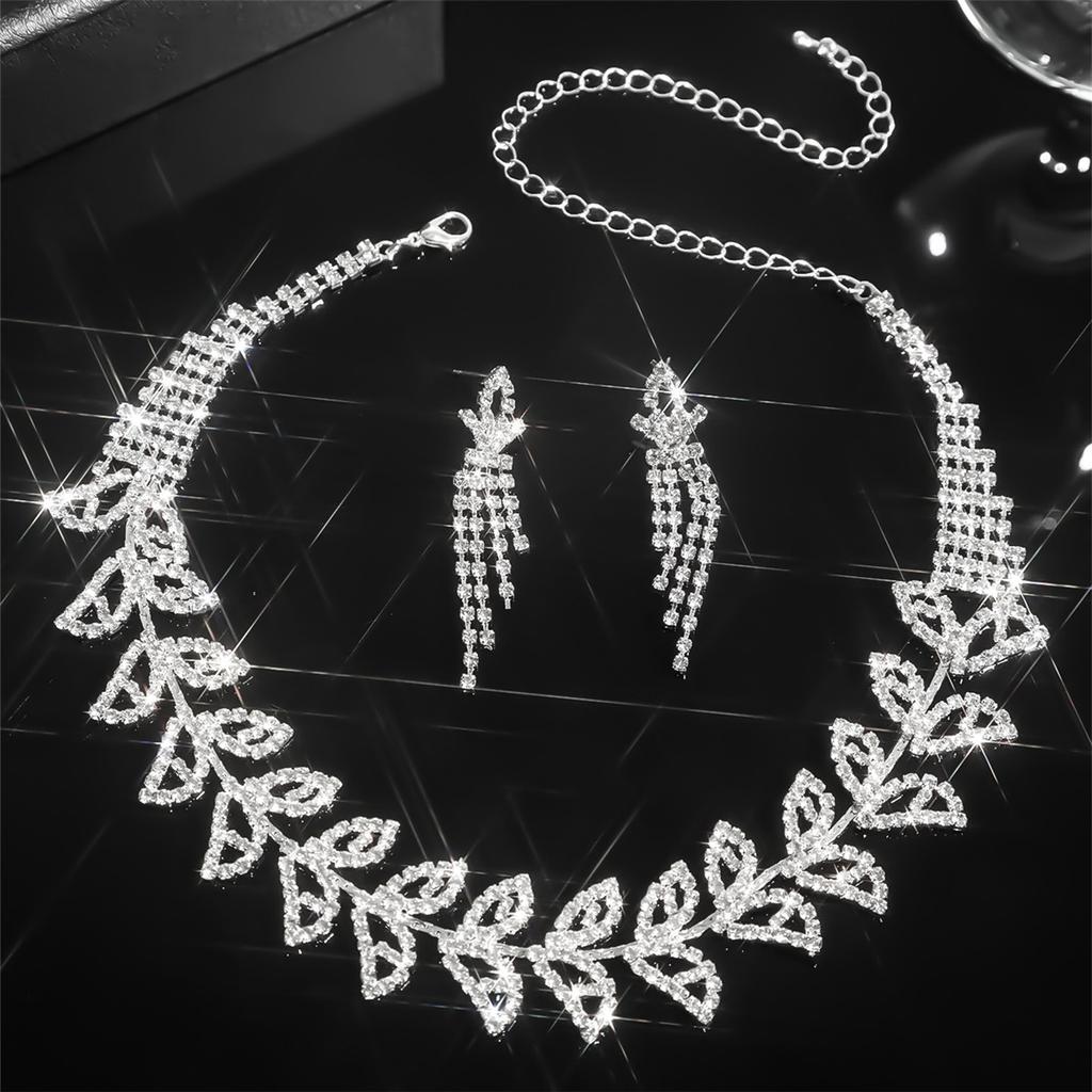 Shiny Leaf Rhinestone Necklace Earring Set Fashion Temperament Necklace Earrings Two-piece Jewelry Set