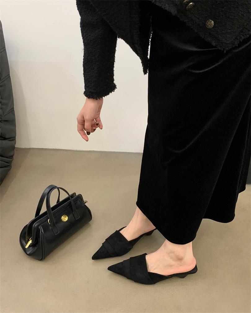 Inside and outside full leather muller shoes special-shaped heel pointed leopard print bag head slippers fashion medium heel half drag lazy drag