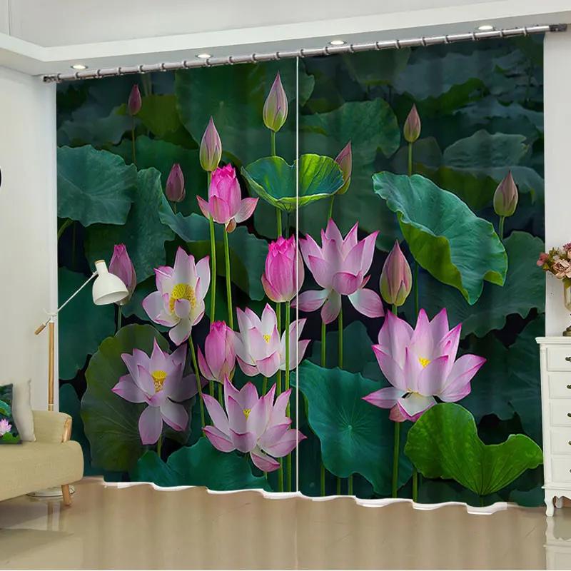Lotus Green Lotus Flower Printed Curtain for Bedroom Living Room Floor-to-ceiling Window Kitchen Shutters Grommet Top Cortinas