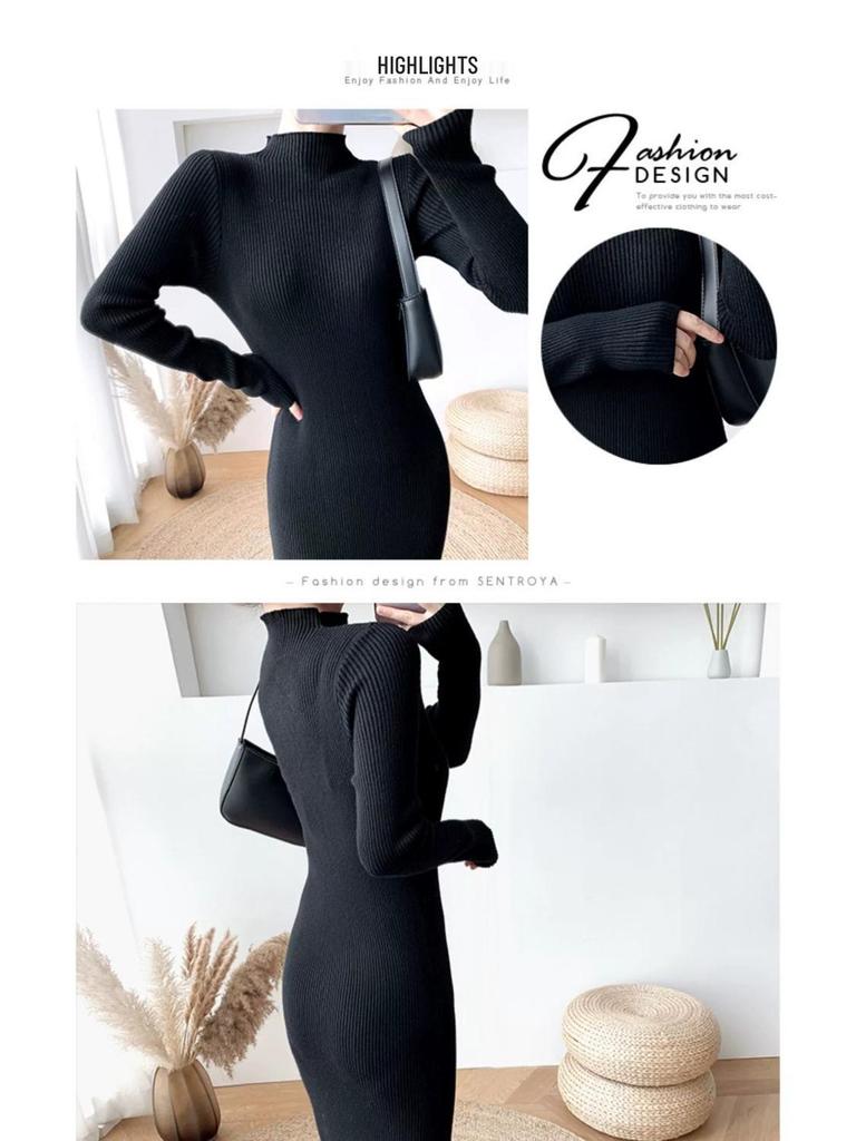 2024 Autumn/Winter Mid-Length Wool Coat with Semi-High Collar Knitted Dress - Women's Black Base Layer