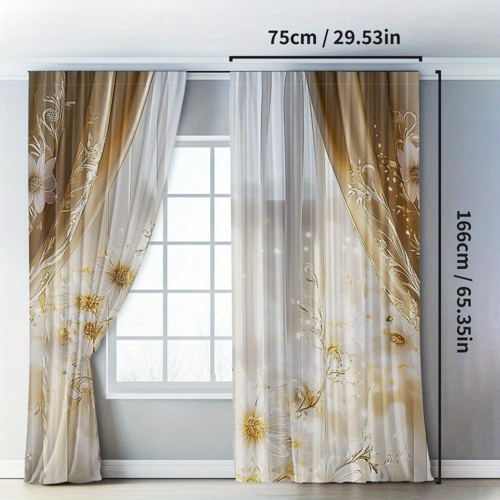 2 Pcs Elegant Gold Floral Sheer Curtains – Beige & White Polyester Rod Pocket for Living Room & Bedroom Decor