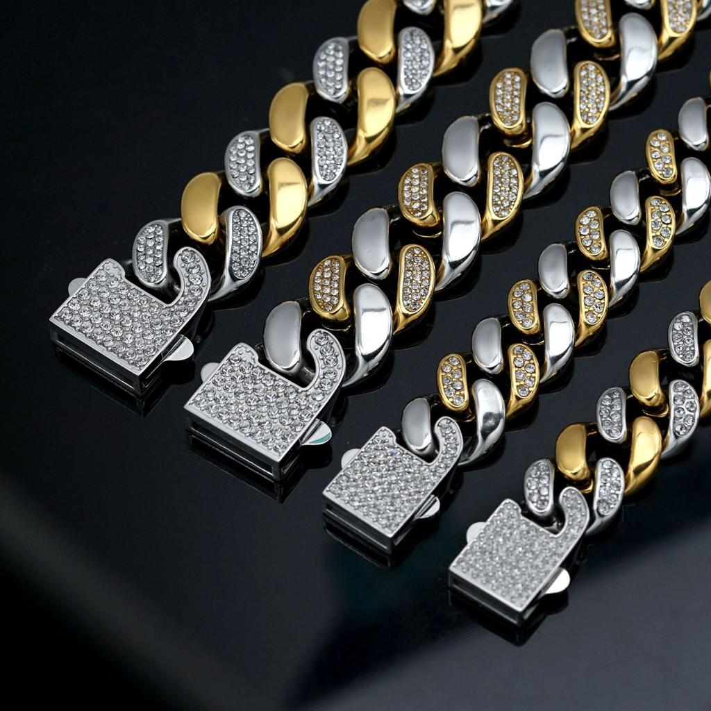 Pvd 18k Gold Color Hip Hop 11MM 15MM 19MM Width 316 Stainless Steel with Two Rows Rhinestone Iced Out Cuban Link Chain Bracelet