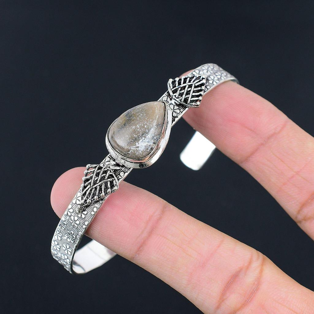 Sterling Silver Natural Spider Web Jasper Daughter Anniversary Bangle Bracelet