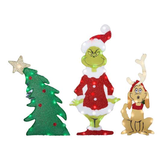 Yousheng LED Christmas Yard Sign Large Green Elf Tree Dog Sleigh Xmas Yard Sign for Winter Lawn Garden Yard Outdoor Decor