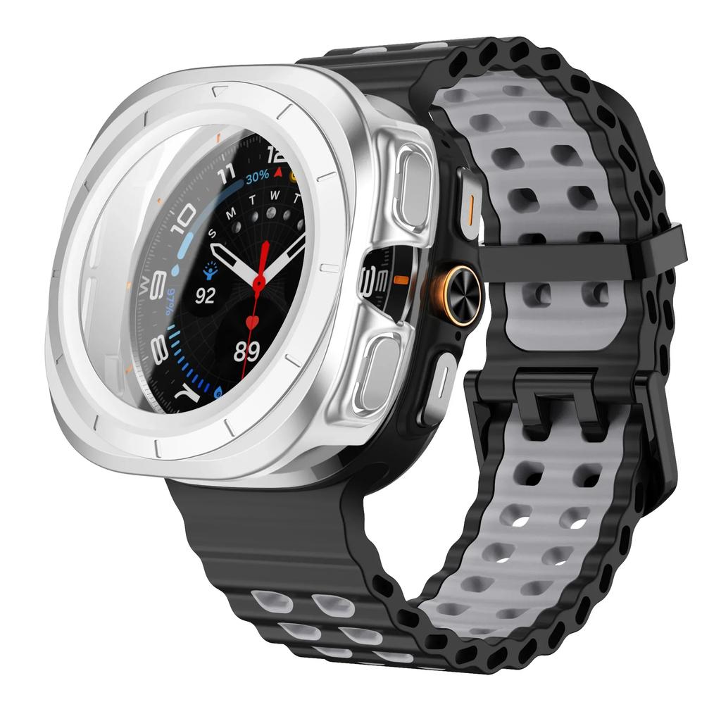 Gehärtetes Glas Case+Armband Für Samsung Galaxy Watch 7 ultra 47mm Zweifarbiges Sport-Silikonarmband Galaxy Watch Ultra7 Hülle