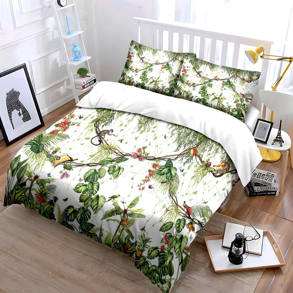 Set Biancheria da Letto Scimmia e Uccelli Giungla Tropicale 3pz Copripiumino con Stampa Botanica ad Acquerello Biancheria da Letto a Tema Natura per Camera da Letto