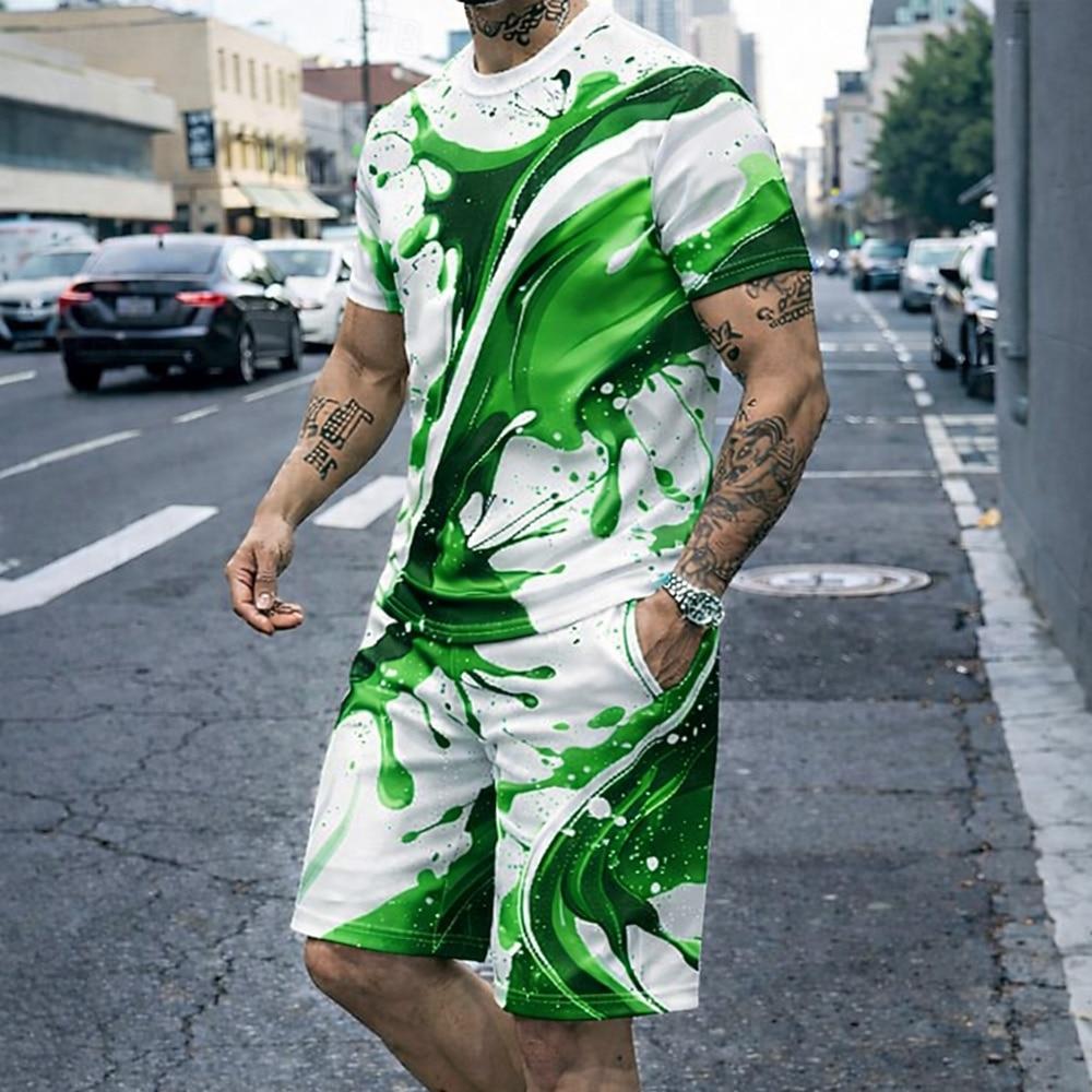 Men's Graphic 2pcs Tees sets Summer Tops Short Sleeve Short Pants Crew Neck Sport Casual Trendy Vacation Going out 3D Print Summer Blue Purple Green
