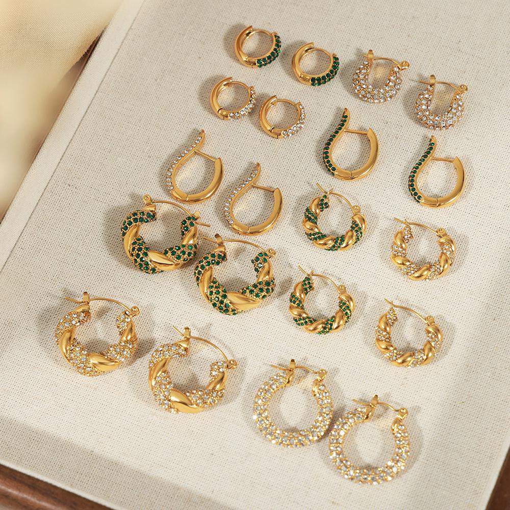 Light Luxury Retro Titanium Gold U-Shaped Rhinestone Geometric Earrings for Women