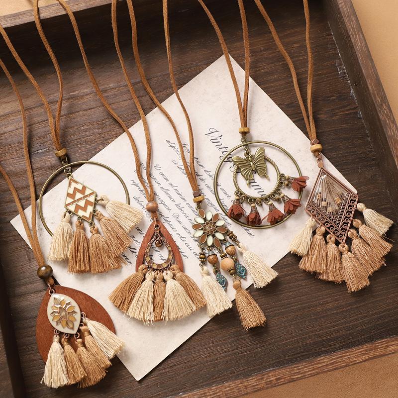 Lady Bohemian Style Long Necklace with Vintage Fringed Sweater Chain
