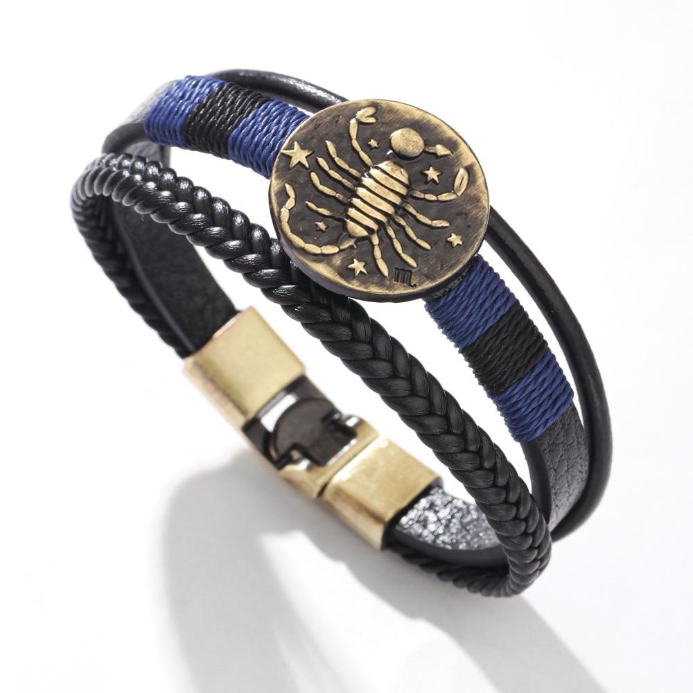 JMXD 12 Zodiac Punk Style Studded Leather Bracelet Hand-Woven Rope Zodiac Band Fashion Accessory Unisex Gift