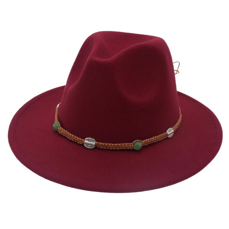 2023 New Top Hat Jade Accessories Woven Fleece Belt Foreign Trade Jazz Hat Big Eaves Show Small Face Big Head Circle Felt Hat