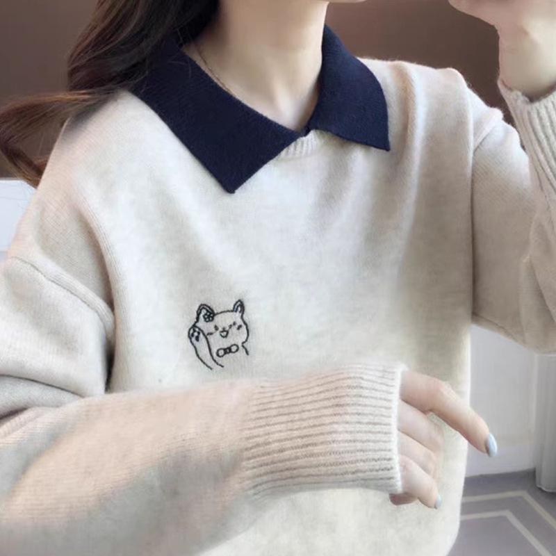 

2025 Свитер крупной вязки для девочек с воротником Питер Пэн на осень/зиму - стиль старшей школы 2XL (131-140 lbs)