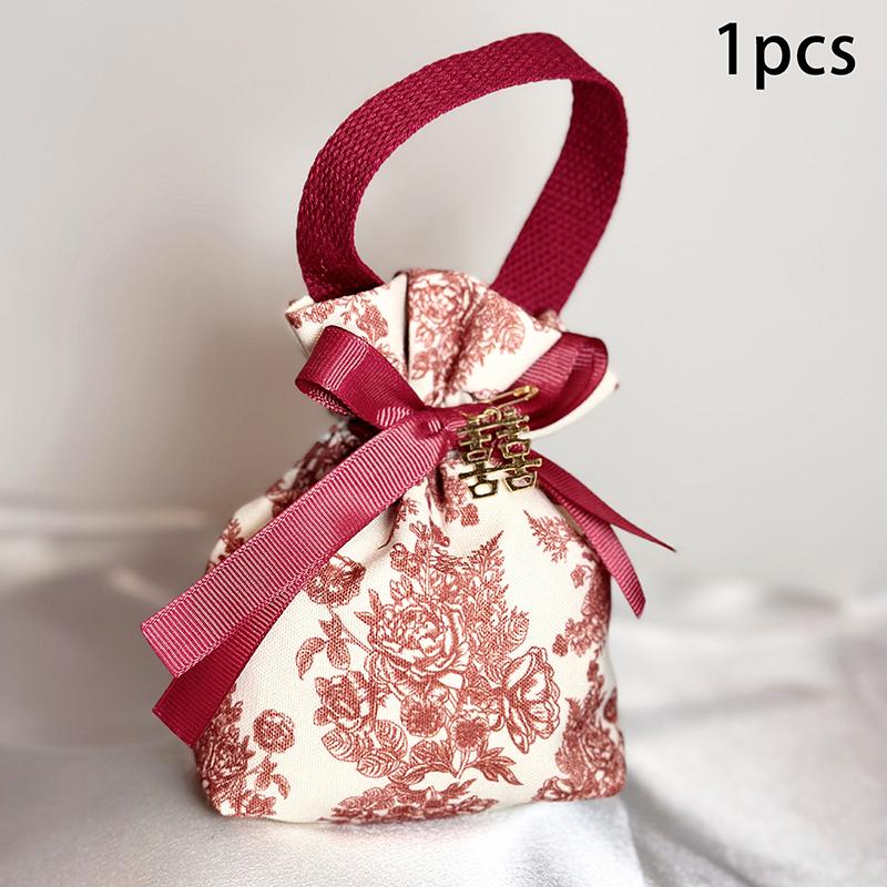 1PC Flower Printed Drawstring Candy Pouch Bag, Handle Bag Gift for Wedding Party