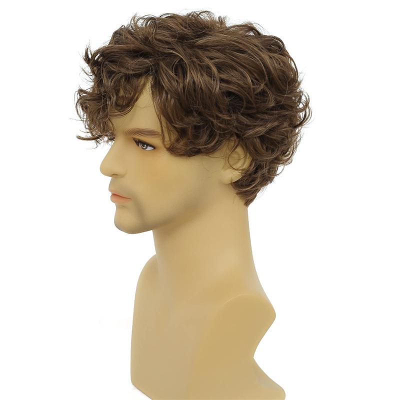 Synthetic Short Curly Wig for Men Brown Mix Blonde Hair Wigs with Bangs Stylish Mens Wig Ombre Heat Resistant Daily Use