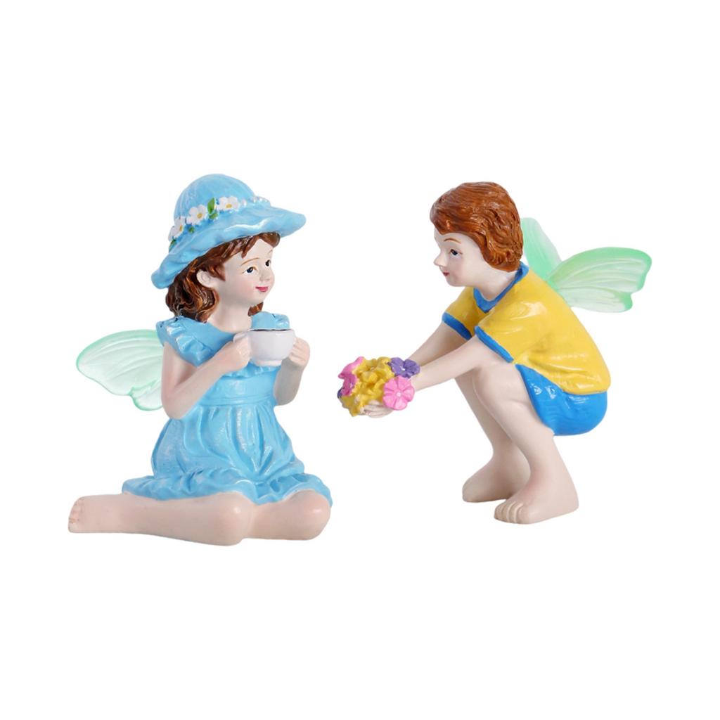Harzfiguren-Set Paar Fee Kinder Halten Strauß und Tasse Dekorative Skulptur für Zuhause Garten Büro Auslage