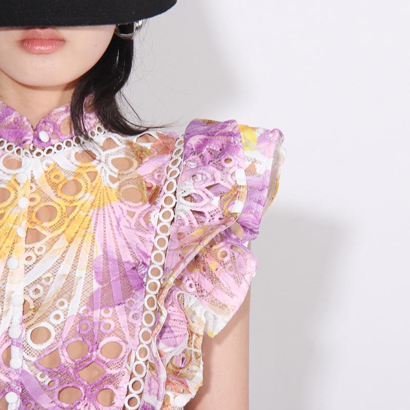 Eleganter französischer langer Rock: 2025 Frühling Stehkragen Spitze Ärmellos Besticktes Kleid für Damen