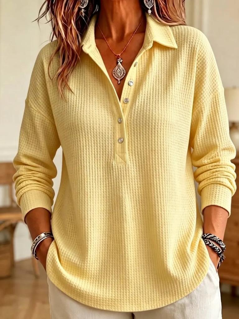 Damen S Waffelstrick Langarm Pullover T-Shirt Locker Lässiges Oberteil