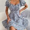 Elegant Floral Summer Dress for Women Square Collar Short Sleeve Lace Up Spring Outfit Sizes S To XL