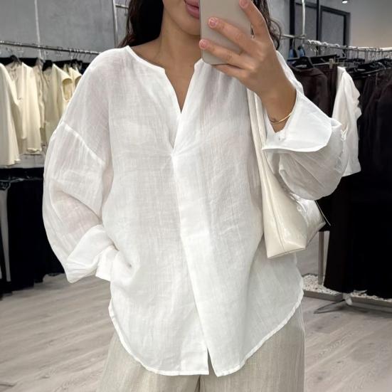 Women Tops V Neck Long Sleeve Pure Color Mid-length Pullover Tops with Asymmetrical Slit Curved Hem Loose Fit Versatile Casual Shirt