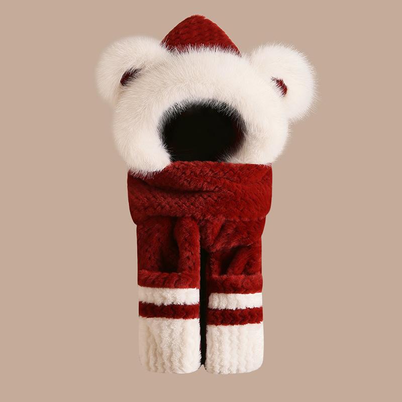 Cute Bear Hat and Scarf for Women's New Style Autumn and Winter Plus Velvet Scarf Cold Warmth Hairy Ear Protection Hat