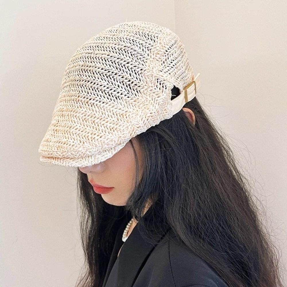Vacation Straw Newsboy Cap Flat Painter Beret Japanese Style Straw Beret  Spring Summer