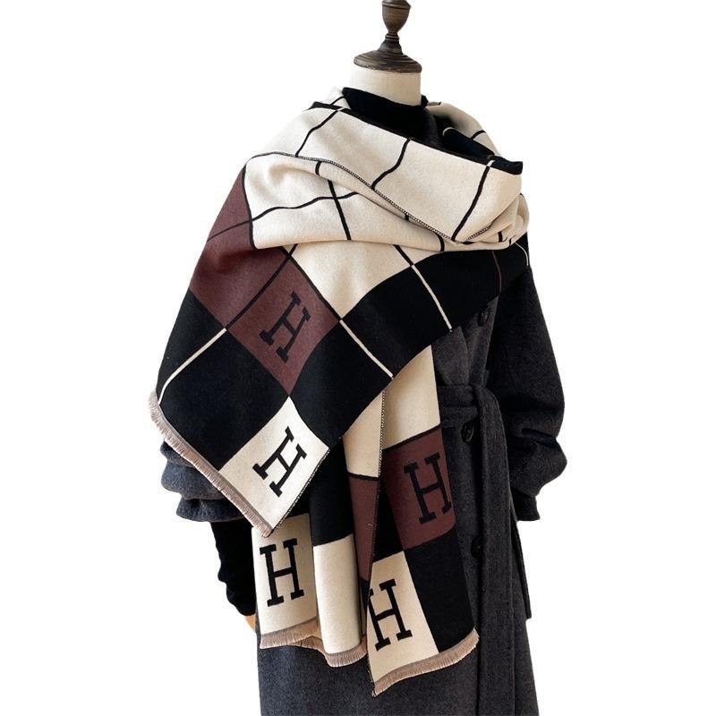 Autumn and Winter New High-end Double-sided Plaid Imitation Cashmere Scarf Women's Versatile Letter Shawl Thickened Scarf