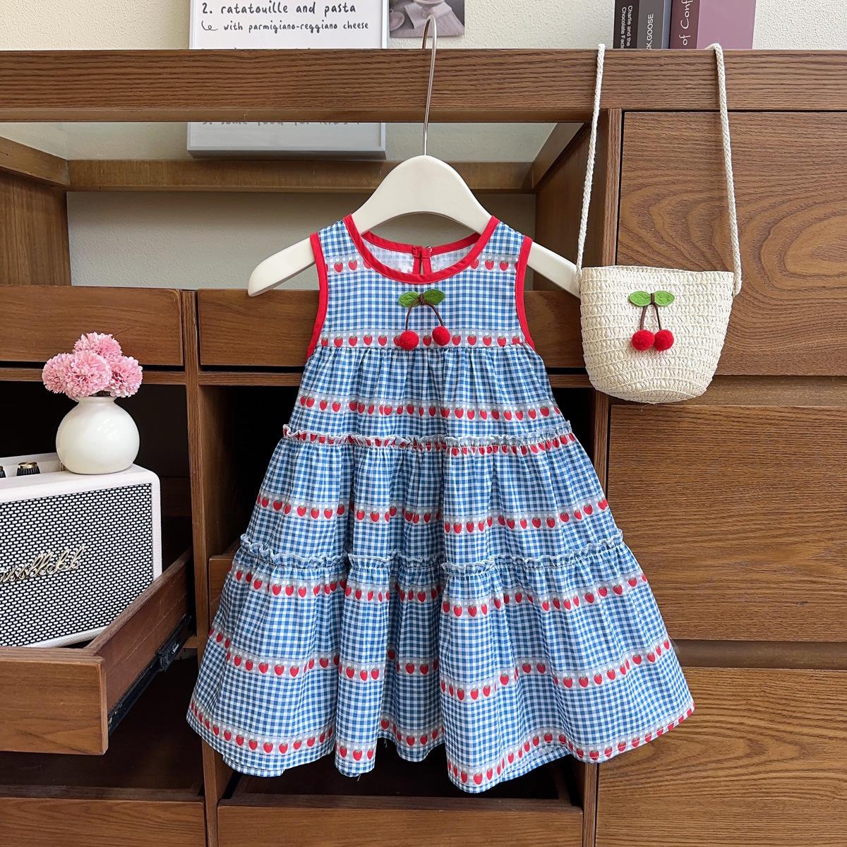 Girls Summer Cherry Sweet Sleeveless Tiered Dress With Woven Bag Cute Toddler Party Outfit 90cm