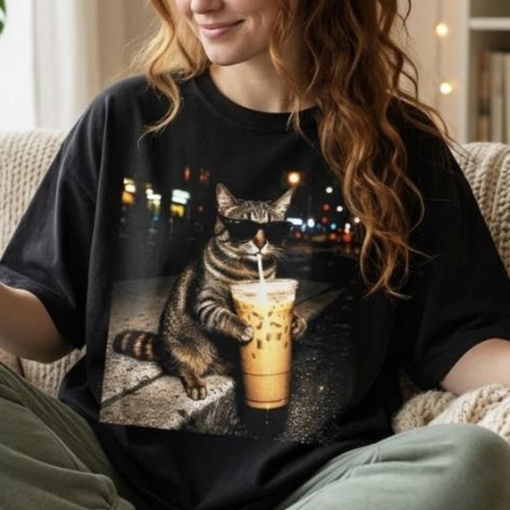 Funny Iced Coffee Cat T-Shirt, Cool Cat Wearing Sunglasses Shirt, Tabby Cat Coffee Graphic Tee, Gift for Cat Lovers Unisex Gildan 5000