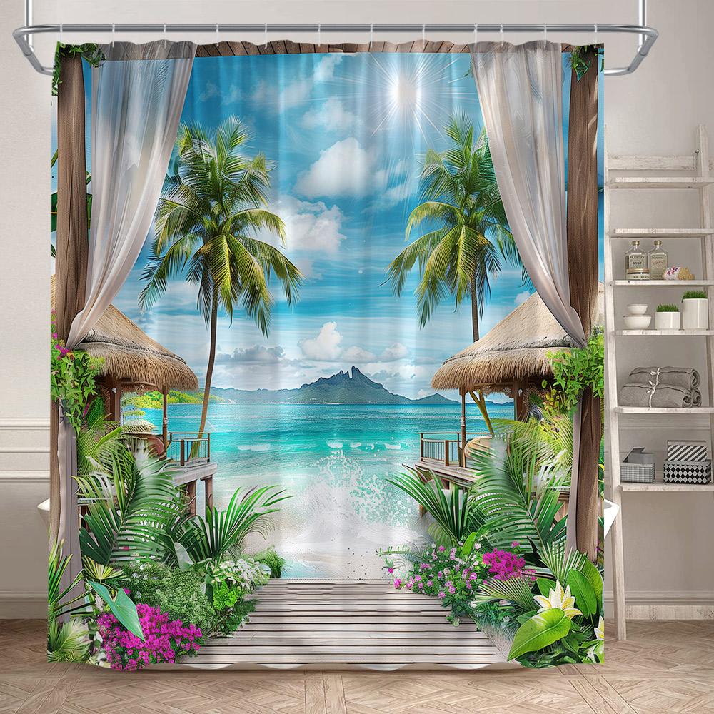 Beach Island Shower Curtain Tropical Palm Leaves Plants Flowers Parrots Blue Ocean Scenery Bathroom Curtains Fabric Home Decor