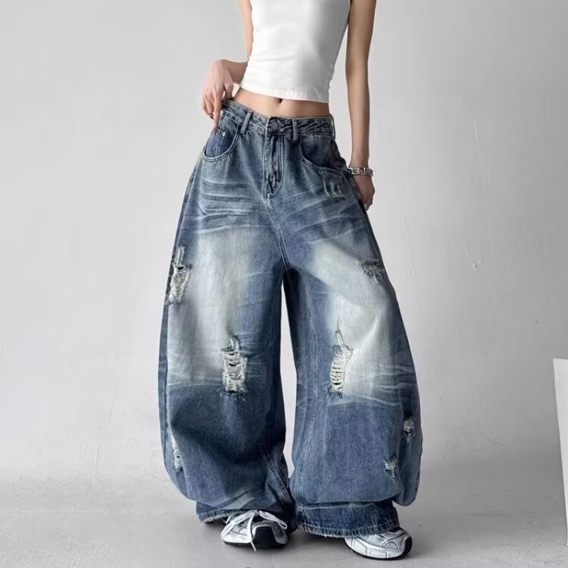 High-Waisted Wide Leg Distressed Denim Pants Women - Loose Fit Streetwear Jeans 2026