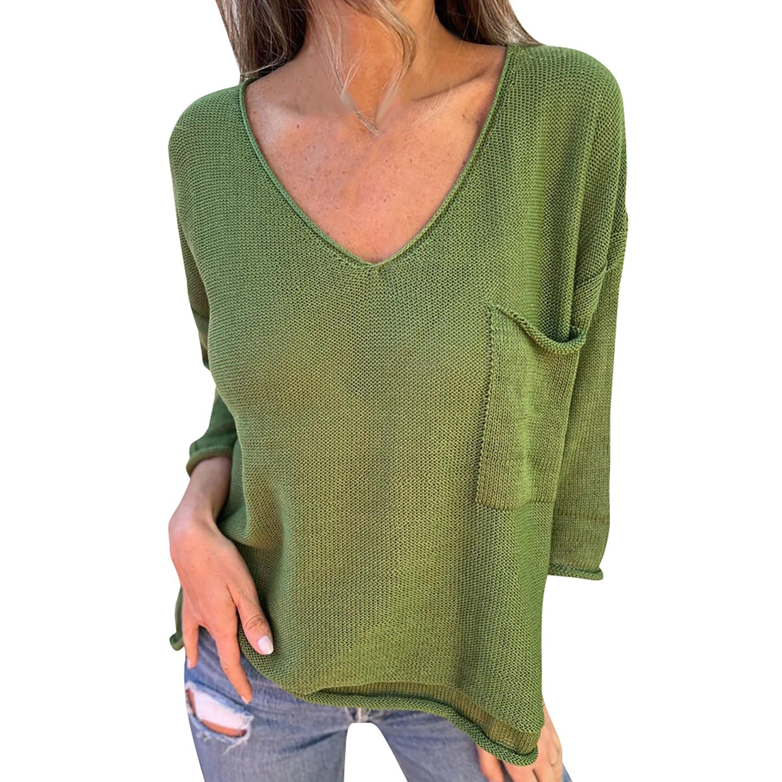 

Женский повседневный свитер с большим V-образным вырезом и длинными рукавами и карманами M зелёный