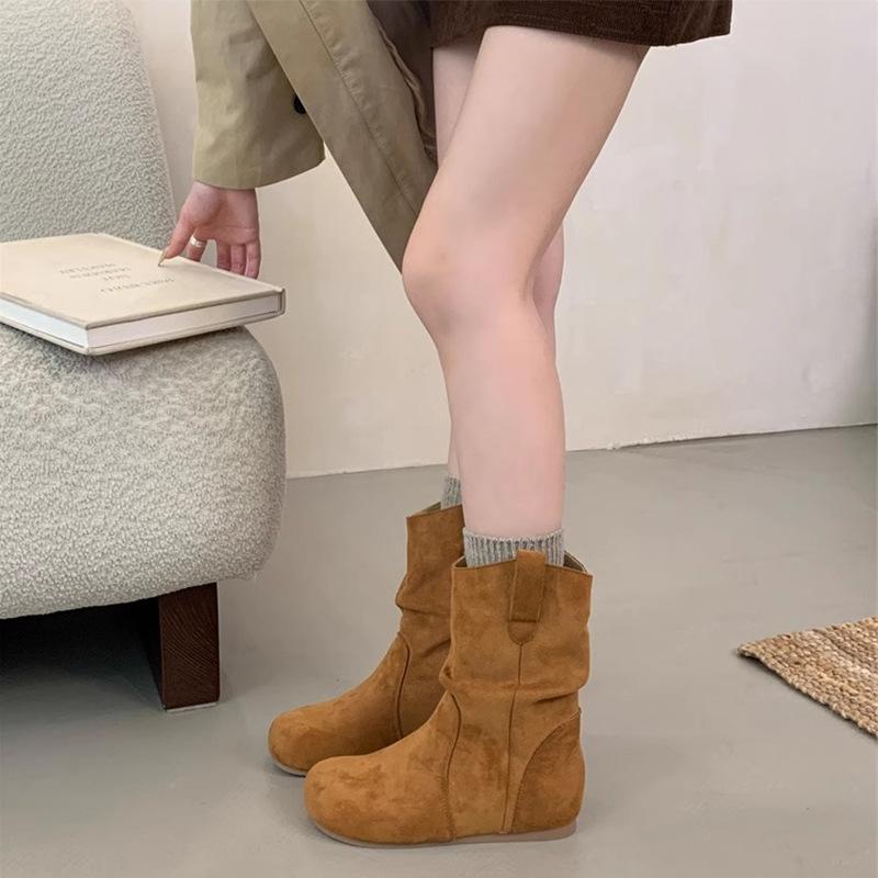 Early autumn retro small short boots children's new autumn and winter piled thick cotton boots Martin boots flat-bottomed stacking boots