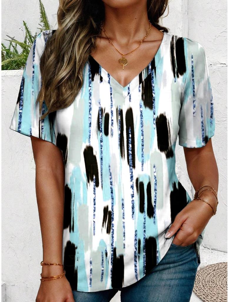 Women's T-Shirts Geometric Color Blocks Graphics Fashion Short Sleeved V-Neck Regular Tops Daily Prints Tee Summer Casual Tops
