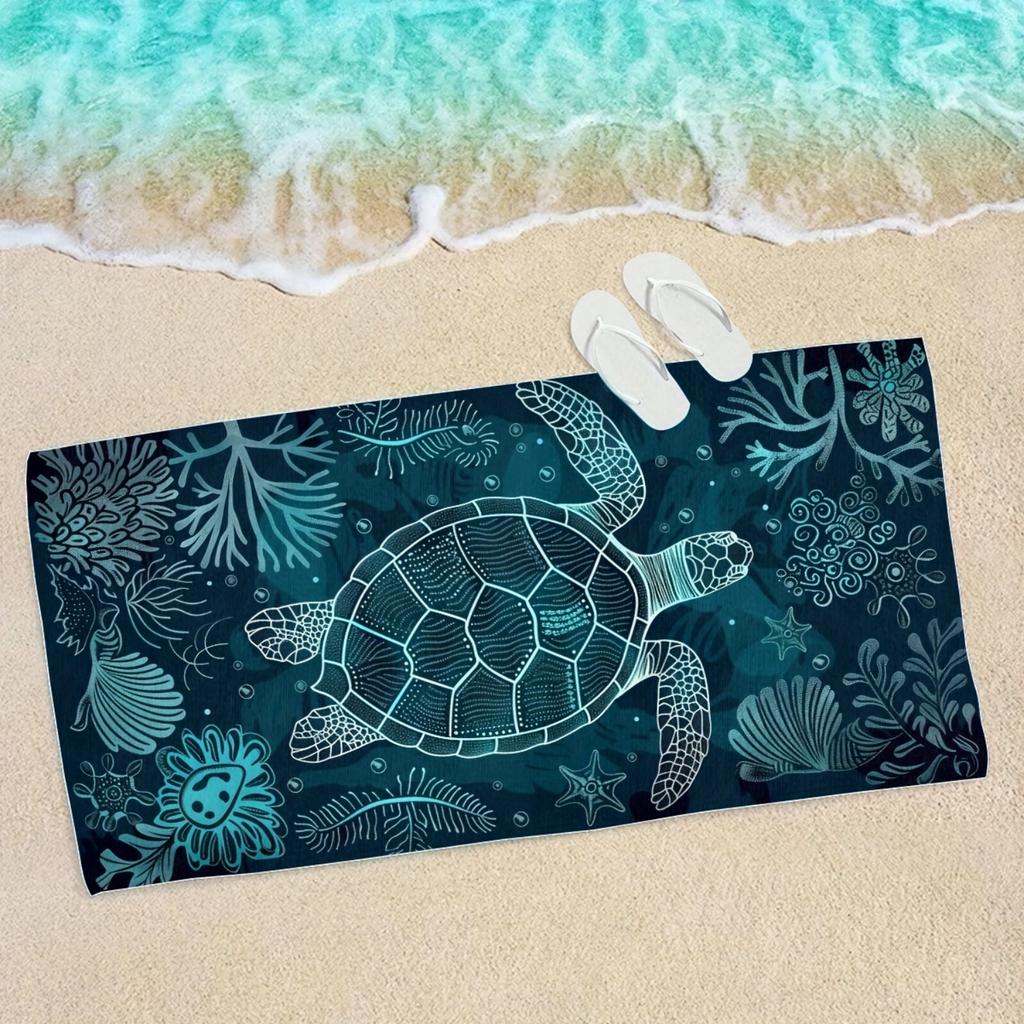 1pc Bohemian Style Beach Towel,Quick-Dry Microfiber,Sea Turtle & Coral Reef Print,Durable Sunscreen Washable Square Towel