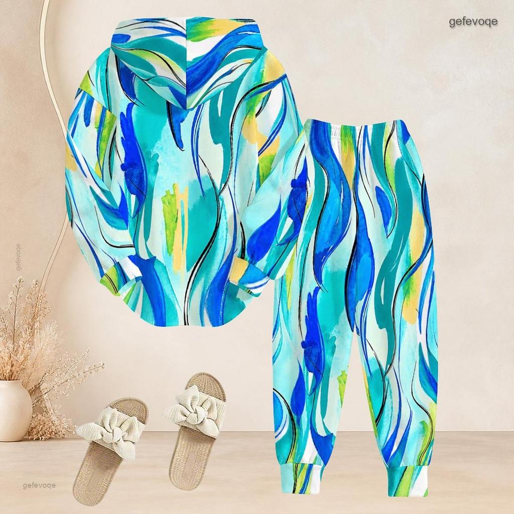 Women Plus Size Blue Pink White Printed Two Piece Set Long Sleeve Hooded Top Cuffed Pants