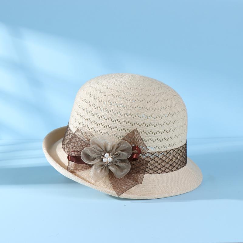 

New spring and summer knitted upturned hat children flower shading breathable bucket hat foldable fashion hollow small basin hat M（56-58cm） бежевый