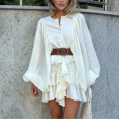 LYRIA Elegant Solid Layered High Waist Mini Vestidos Women Chic Long Sleeve See Through Ruffles Single Breasted Dress New Street Wear