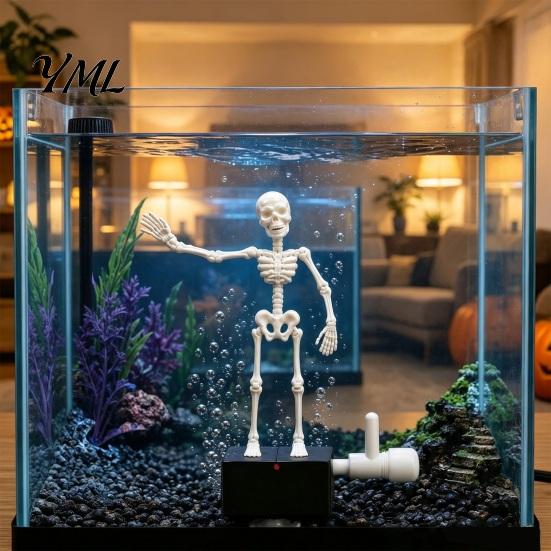 Spooky Halloween Decor Aquarium Dancing Skeleton, Bubble Driven Moving Joints Skeleton Underwater Skull Ornament, Realistic Swing